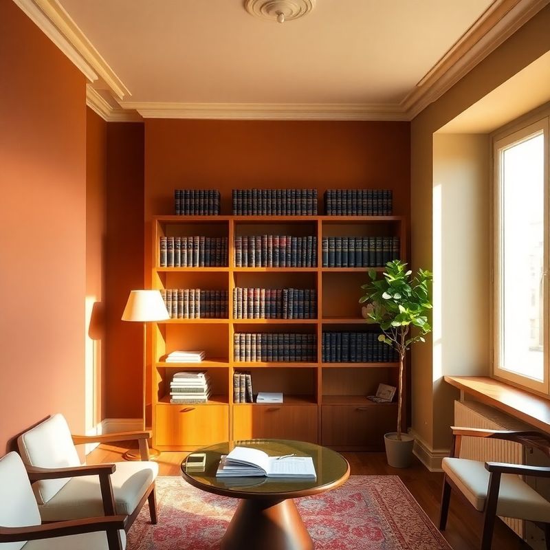 Interior de cabinet boutique cu pereți în teracotă caldă și rafturi cu volume juridice
