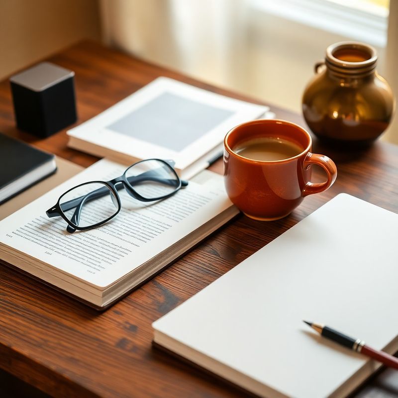 Birou ordonat din lemn cu carnet juridic deschis, ochelari și ceașcă de espresso din ceramică teracotă
